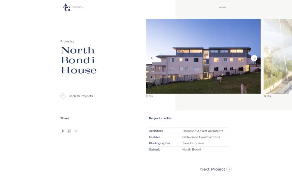 Modern multi-story residential building at dusk, exterior lights aglow; project credits for architect, builder, photographer, and suburb appear on the left—an impactful design perfect for a case study website.